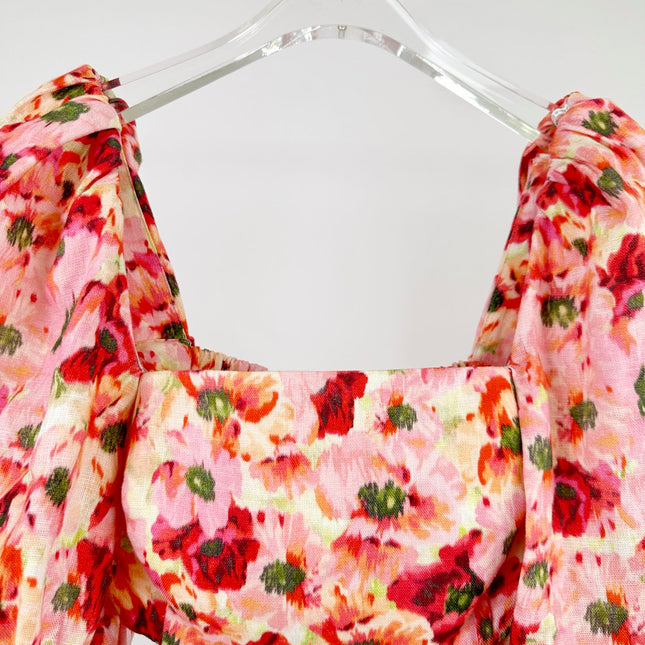 PUFF SLEEVE MINI DRESS 25S RED IN LINEN 266363