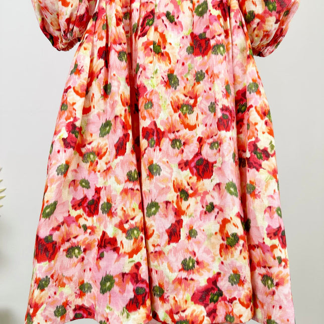 PUFF SLEEVE MINI DRESS 25S RED IN LINEN 266363