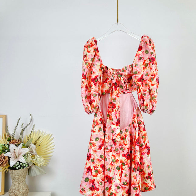 PUFF SLEEVE MINI DRESS 25S RED IN LINEN 266363