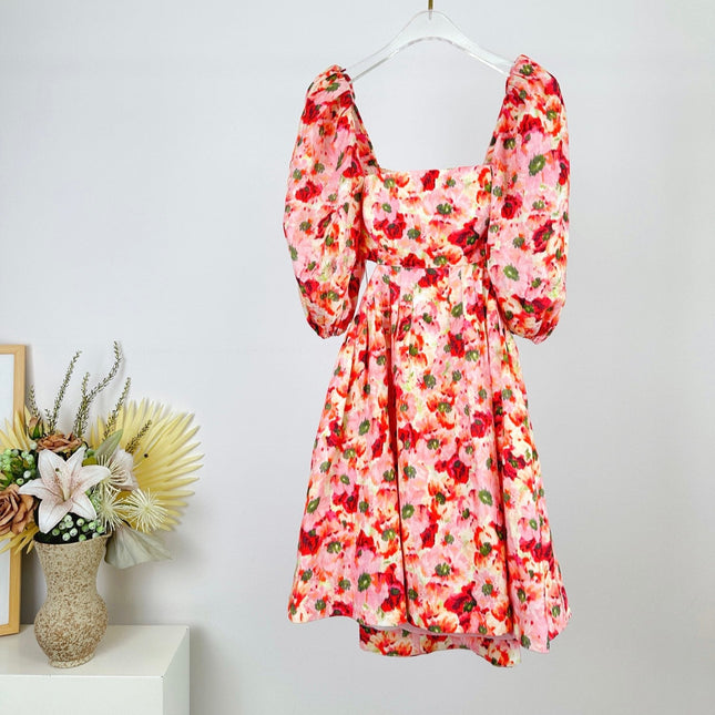 PUFF SLEEVE MINI DRESS 25S RED IN LINEN 266363