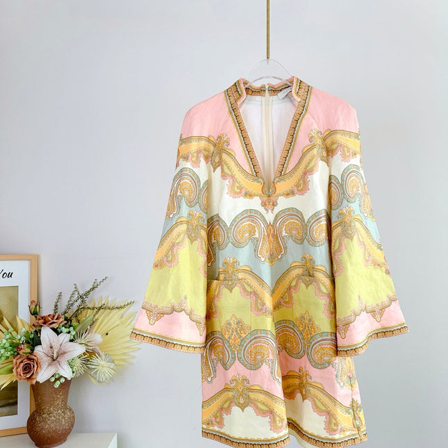 V-NECK PRINTED DRESS BACK ZIPPER