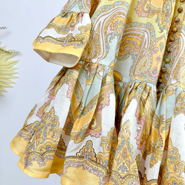 HIGH-NECK LONG-SLEEVE PRINTED DRESS IN PURPLE AND YELLOW