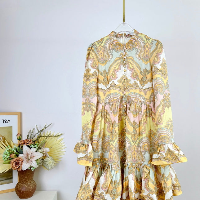 HIGH-NECK LONG-SLEEVE PRINTED DRESS IN PURPLE AND YELLOW