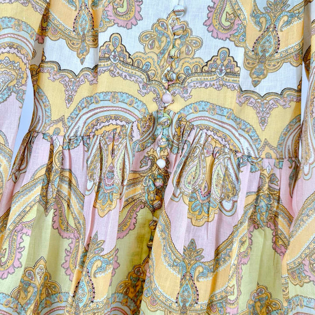 HIGH-NECK LONG-SLEEVE PRINTED DRESS IN PURPLE AND YELLOW