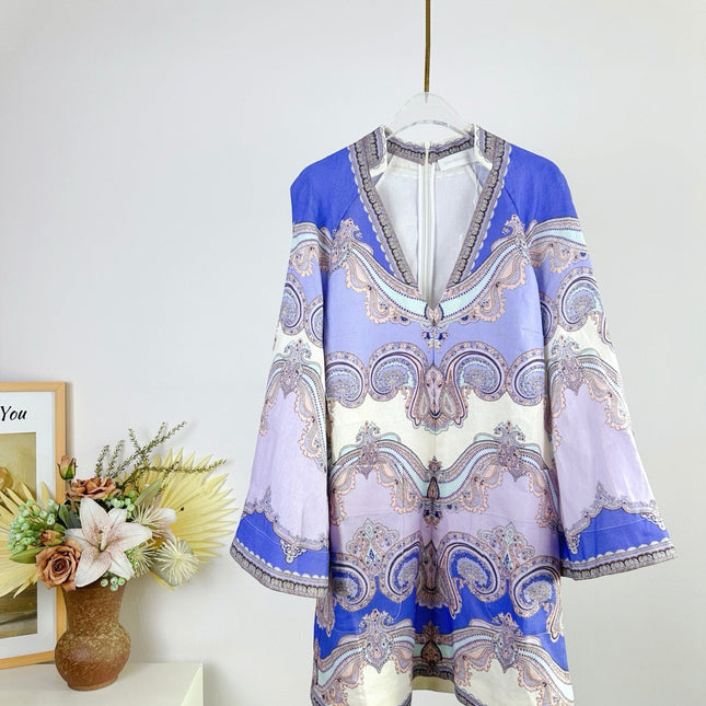 V-NECK PRINTED DRESS BACK ZIPPER