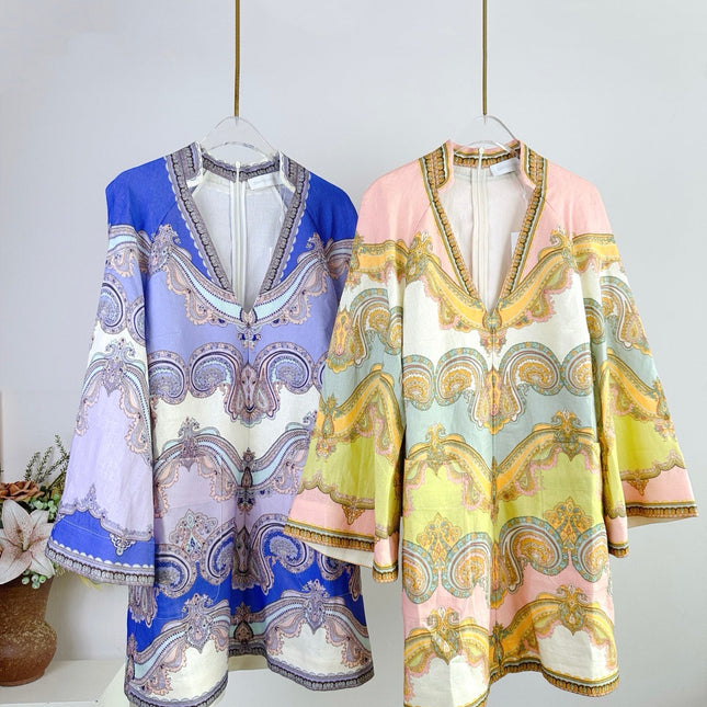 V-NECK PRINTED DRESS BACK ZIPPER