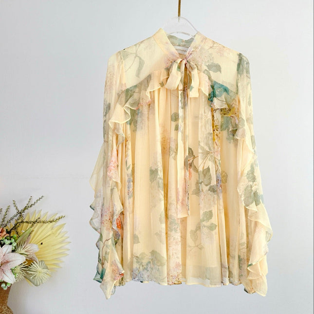 SHEER CHIFFON BLOUSE IN WARM BEIGE WITH RUFFLED COLLAR AND BOW