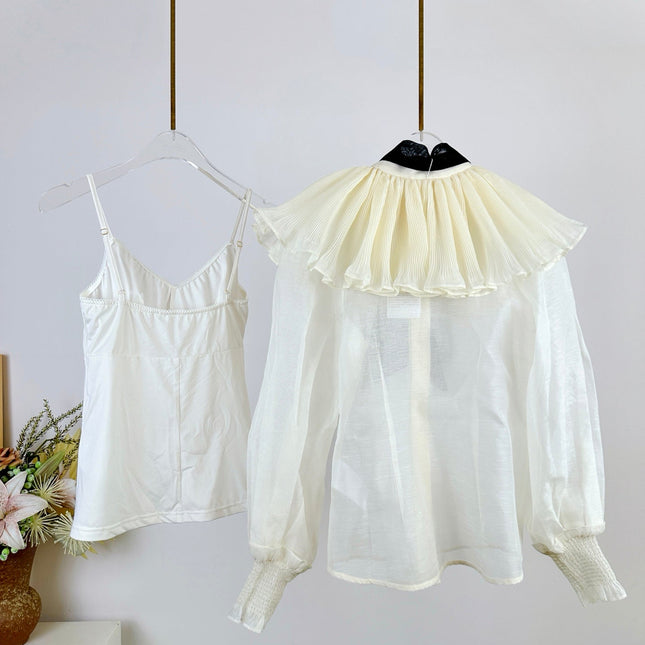 WHITE DRESSY TOP WITH BLACK TIE-NECK