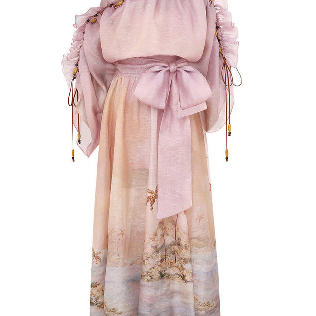 ZIMMER SILK MIDI DRESS IN PASTEL BLUE-GREEN AND LIGHT PURPLE