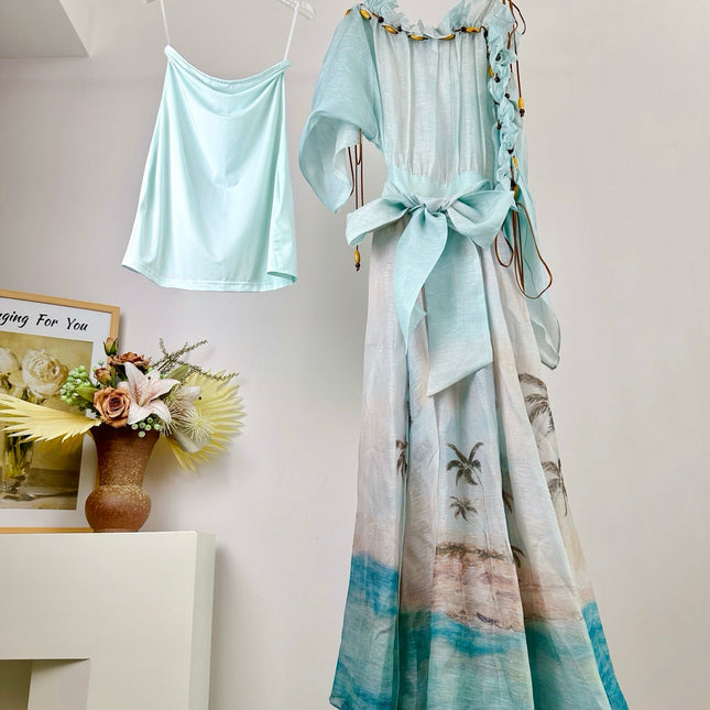 ZIMMER SILK MIDI DRESS IN PASTEL BLUE-GREEN AND LIGHT PURPLE