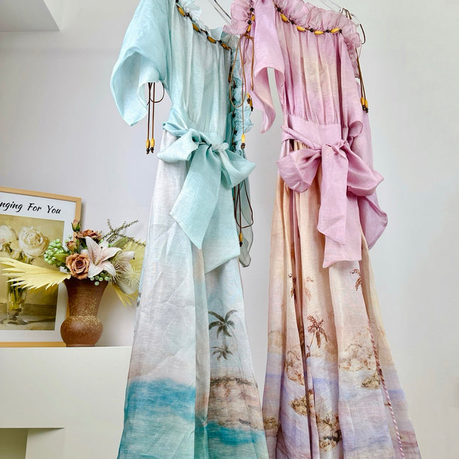 ZIMMER SILK MIDI DRESS IN PASTEL BLUE-GREEN AND LIGHT PURPLE