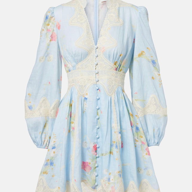LONG-SLEEVE BLUE FLORAL DRESS