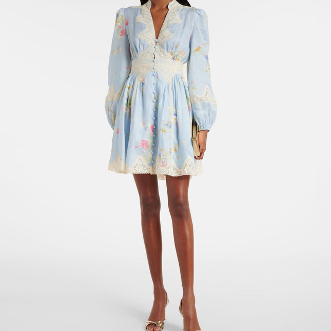 LONG-SLEEVE BLUE FLORAL DRESS