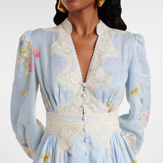 LONG-SLEEVE BLUE FLORAL DRESS