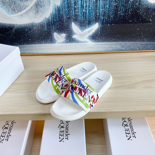 SLIDES SANDAL IN WHITE TPU MULTI-COLOR BLOTCHED STRAP