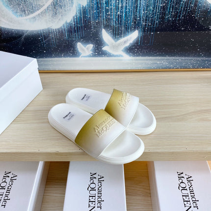 SLIDES SANDAL IN WHITE TPU LIGHT GOLD OMBRE TO WHITE STRAP EMBOSSED LOGO