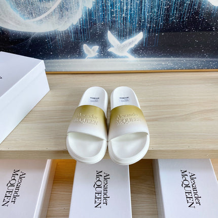 SLIDES SANDAL IN WHITE TPU LIGHT GOLD OMBRE TO WHITE STRAP EMBOSSED LOGO