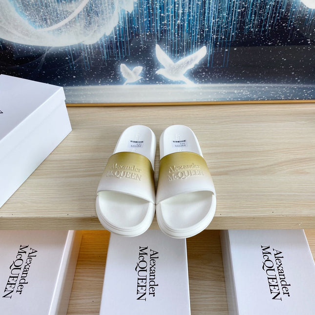SLIDES SANDAL IN WHITE TPU LIGHT GOLD OMBRE TO WHITE STRAP EMBOSSED LOGO