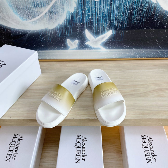 SLIDES SANDAL IN WHITE TPU LIGHT GOLD OMBRE TO WHITE STRAP EMBOSSED LOGO