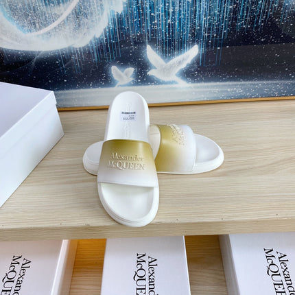 SLIDES SANDAL IN WHITE TPU LIGHT GOLD OMBRE TO WHITE STRAP EMBOSSED LOGO