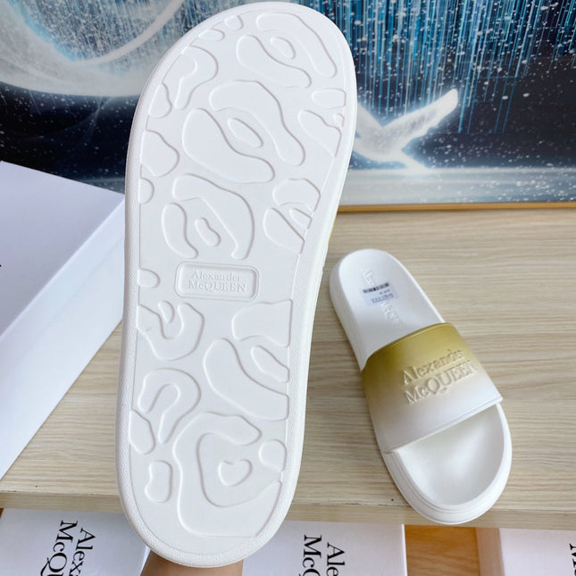 SLIDES SANDAL IN WHITE TPU LIGHT GOLD OMBRE TO WHITE STRAP EMBOSSED LOGO