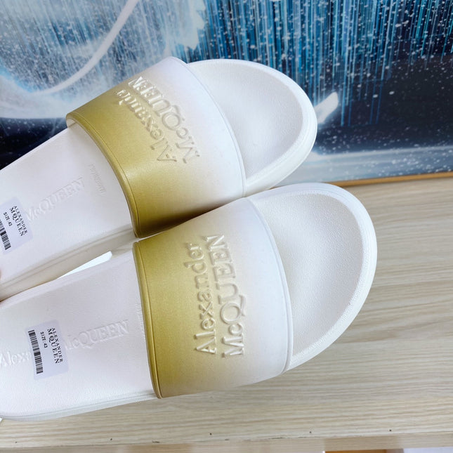 SLIDES SANDAL IN WHITE TPU LIGHT GOLD OMBRE TO WHITE STRAP EMBOSSED LOGO