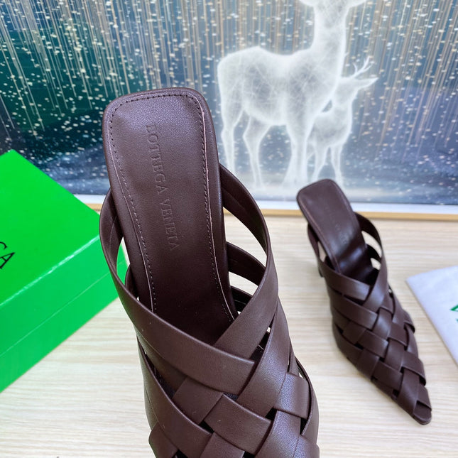 ALFIE LEATHER HIGH MULES IN CHOCOLATE BROWN CALFSKIN WITH WOVEN DESIGN