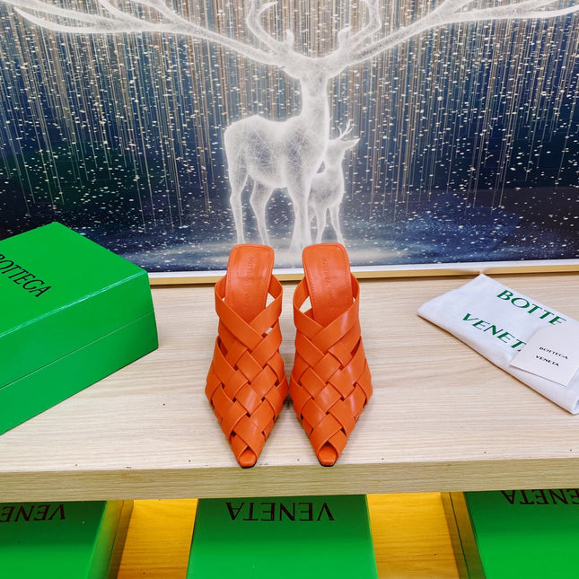 ALFIE LEATHER HIGH MULES IN VIVID ORANGE CALFSKIN WITH WOVEN DESIGN