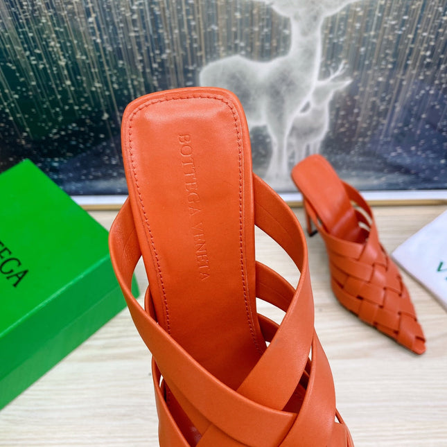 ALFIE LEATHER HIGH MULES IN VIVID ORANGE CALFSKIN WITH WOVEN DESIGN