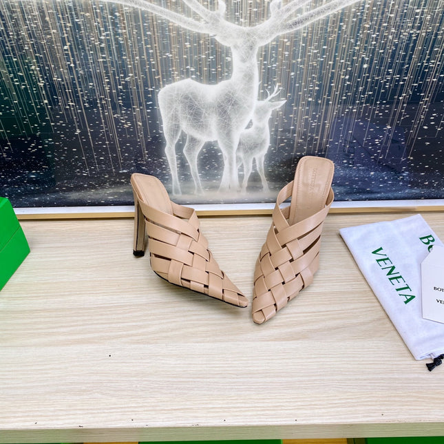 ALFIE LEATHER HIGH MULES IN CAMEL BEIGE CALFSKIN WITH WOVEN DESIGN