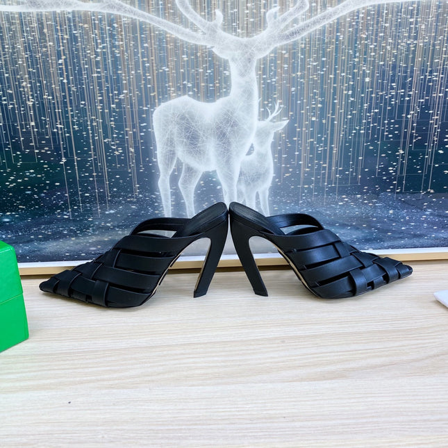 ALFIE LEATHER HIGH MULES IN BLACK CALFSKIN WITH WOVEN DESIGN