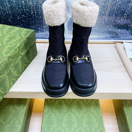 HORSEBIT ANKLE BOOTS WITH MERINO TRIM IN BLACK NYLON MIX CALFSKIN