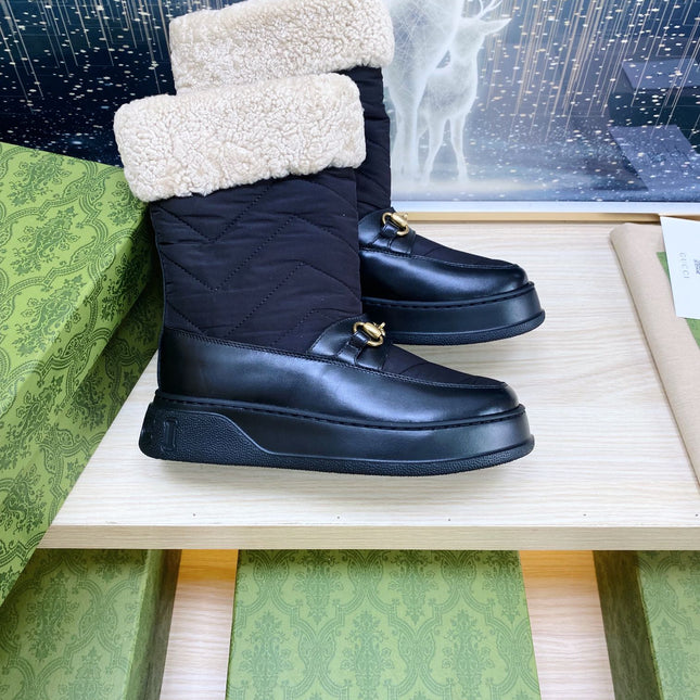 HORSEBIT ANKLE BOOTS WITH MERINO TRIM IN BLACK NYLON MIX CALFSKIN