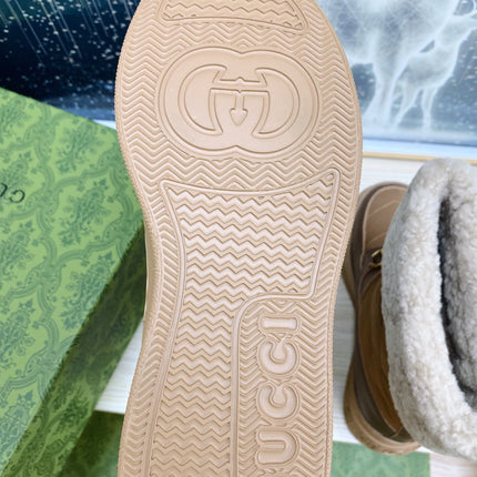 HORSEBIT ANKLE BOOTS WITH MERINO TRIM IN BROWN NYLON MIX CALFSKIN