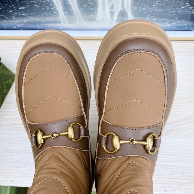 HORSEBIT ANKLE BOOTS WITH MERINO TRIM IN BROWN NYLON MIX CALFSKIN