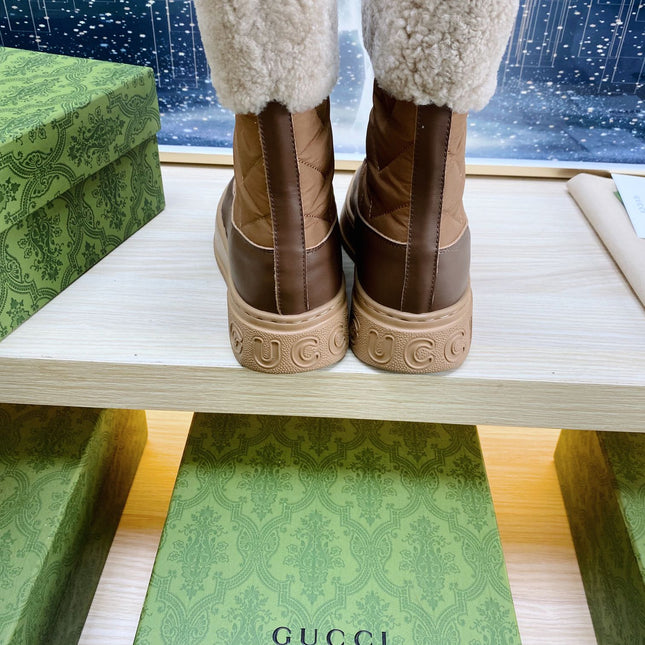 HORSEBIT ANKLE BOOTS WITH MERINO TRIM IN BROWN NYLON MIX CALFSKIN