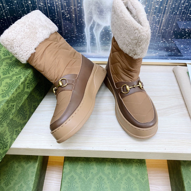 HORSEBIT ANKLE BOOTS WITH MERINO TRIM IN BROWN NYLON MIX CALFSKIN