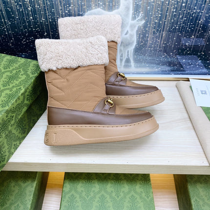 HORSEBIT ANKLE BOOTS WITH MERINO TRIM IN BROWN NYLON MIX CALFSKIN