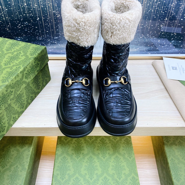 HORSEBIT ANKLE BOOTS WITH MERINO TRIM IN BLACK EMBOSSED CALFSKIN