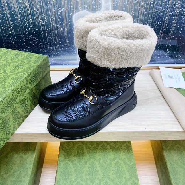 HORSEBIT ANKLE BOOTS WITH MERINO TRIM IN BLACK EMBOSSED CALFSKIN