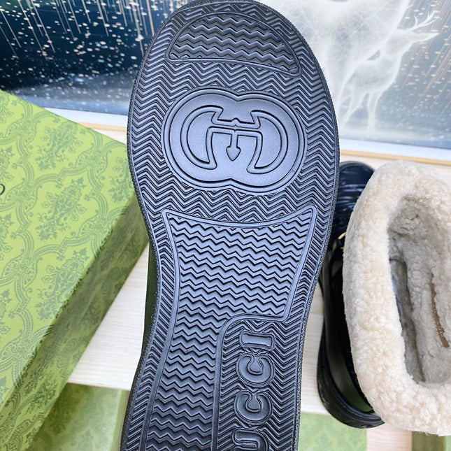 HORSEBIT ANKLE BOOTS WITH MERINO TRIM IN BLACK EMBOSSED CALFSKIN