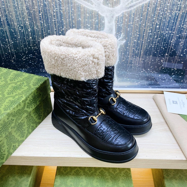 HORSEBIT ANKLE BOOTS WITH MERINO TRIM IN BLACK EMBOSSED CALFSKIN