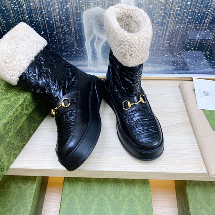 HORSEBIT ANKLE BOOTS WITH MERINO TRIM IN BLACK EMBOSSED CALFSKIN