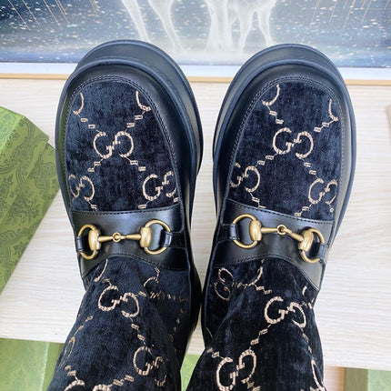 HORSEBIT ANKLE BOOTS WITH MERINO TRIM IN BLACK VELVET AND CALFSKIN