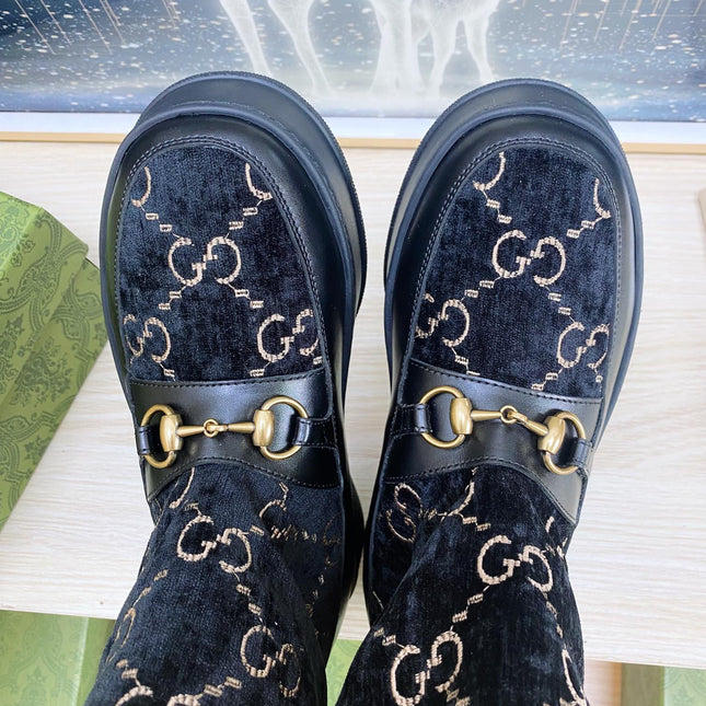 HORSEBIT ANKLE BOOTS WITH MERINO TRIM IN BLACK VELVET AND CALFSKIN