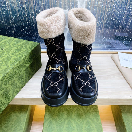 HORSEBIT ANKLE BOOTS WITH MERINO TRIM IN BLACK VELVET AND CALFSKIN