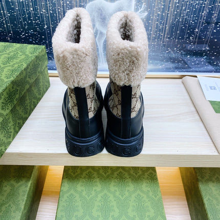 HORSEBIT ANKLE BOOTS WITH MERINO TRIM IN BEIGE JACQUARD FABRIC MIX BLACK CALFSKIN