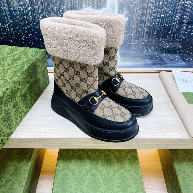 HORSEBIT ANKLE BOOTS WITH MERINO TRIM IN BEIGE JACQUARD FABRIC MIX BLACK CALFSKIN