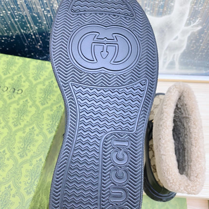 HORSEBIT ANKLE BOOTS WITH MERINO TRIM IN BEIGE JACQUARD FABRIC MIX BLACK CALFSKIN