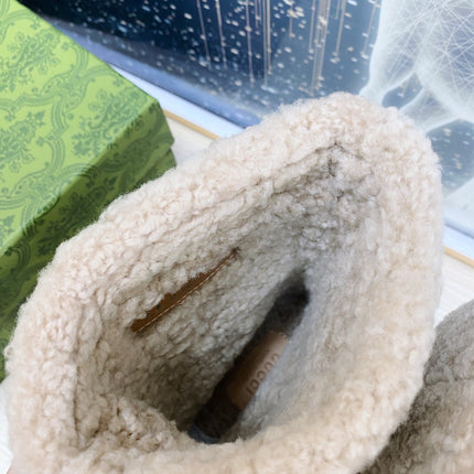 HORSEBIT ANKLE BOOTS WITH MERINO TRIM IN BEIGE JACQUARD FABRIC MIX BLACK CALFSKIN